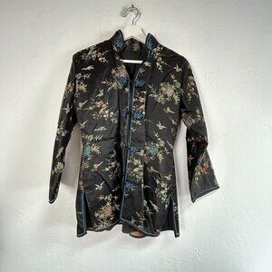 Embroidered Silk Chinese Jacket Black Mandarin Collar Floral Bird Frog Closure